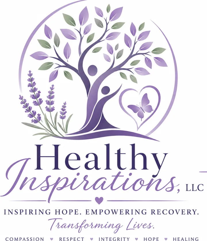 Healthy Inspirations, LLC logo: a tree with two figures reaching upward, lavender, and a heart with a butterfly.